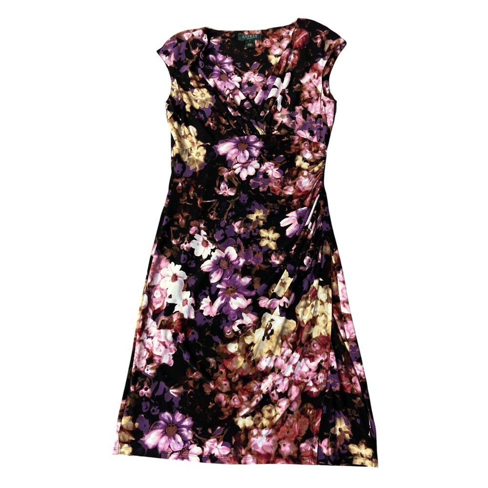 Lauren Ralph Lauren Floral Sheath Dress Womens 8 Ruched Midi Used - Picture 4 of 12